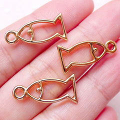 Fish Outline Charms (3pcs / 10mm x 21mm / Gold / 2 Sided) Marine life Jewellery Earrings Necklace Bracelet Bangle Anklet Zipper Pull CHM1470