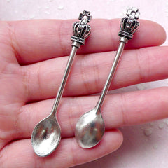 Crown Spoon Charms Silverware Charm (2pcs / 11mm x 59mm / Tibetan Silver) Cute Decoden Dollhouse Miniature Sweets Craft Keychain CHM1477