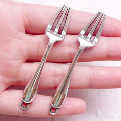 Large Fork Charms 3D Flatware Charm (2pcs / 12mm x 67mm / Tibetan Silver) Whimsical Charm Kitsch Jewelry Keychain Zipper Pull Charm CHM1480