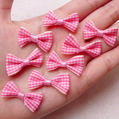 Pink Checkered Ribbon Bows / Fabric Bow Tie (8pcs / 25mm x 15mm / Pink & White Checker) Hair Clip Making Scrapbooking Embellishment F227