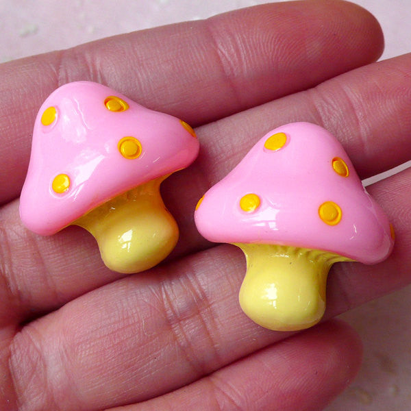 Kawaii Mushroom Cabochons (2pcs / 24mm x 25mm / Pink & Yellow / Flat Back) Cute Decoration Scrapbooking Decoden Whimsical Jewelry CAB378