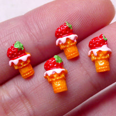 Tiny Strawberry Ice Cream Cabochons (4pcs / 6mm x 9mm / Flat Back) Miniature Sweets Nail Art Floating Charm Earrings DIY Scrapbook NAC202
