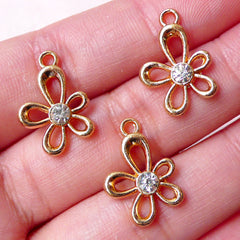 Flower Charms with Clear Rhinestones / Flower Drops (3pcs / 13mm x 17mm / Gold) Add On Charm Bracelet Pendant Anklet Favor Charm CHM1495