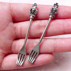 Crown Fork Charms Cutlery Charm (2pcs / 8mm x 60mm / Tibetan Silver) Kawaii Decoden Dollhouse Miniature Sweets Craft Zipper Pull CHM1505