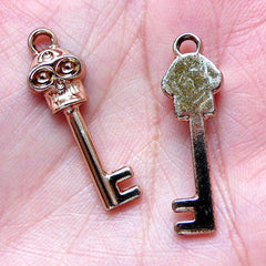 Skull Head Key Charms (3pcs / 9mm x 28mm / Rose Gold) Halloween Keychain Party Decoraion Wine Glass Charm Zipper Pull Favor Charm CHM1508