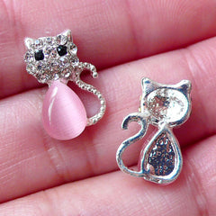 Mini Kitty Cabochon w/ Rhinestones (2pcs / 9mm x 14mm / Pink) Tiny Cat Cabochon Nail Art Card Decoration Scrapbooking Earrings Making NAC204