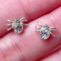 Mini Spider Cabochon w/ Clear Rhinestones (2pcs / 9mm x 6mm / Silver) Tiny Insect Cabochon Nail Art Floating Charm Earring Making NAC207