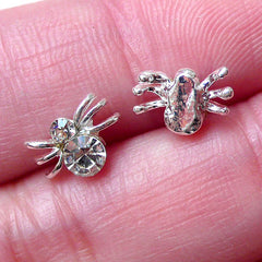 Mini Spider Cabochon w/ Clear Rhinestones (2pcs / 9mm x 6mm / Silver) Tiny Insect Cabochon Nail Art Floating Charm Earring Making NAC207