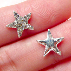 Tiny Star Cabochon w/ Clear Rhinestone (2pcs / 11mm x 11mm / Silver) Nail Art Card Decoration Earring Making Scrapbook Floating Charm NAC209