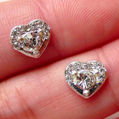 CLEARANCE Tiny Heart Cabochon w/ Clear Rhinestones (2pcs / 8mm x 7mm / Silver) Wedding Nail Art Card Decoration Earrings Making Floating Charm NAC211