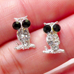 Tiny Owl Floating Charm w/ Clear & Black Rhinestones (2pcs / 7mm x 11mm / Silver) Mini Bird Cabochon Nail Art Nail Deco Embellishment NAC214