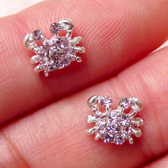 Tiny Crab Cabochon w/ Pink Rhinestones (2pcs / 8mm x 7mm / Silver) Animal Floating Charm Nail Art Nail Decoration Earrings Making NAC215