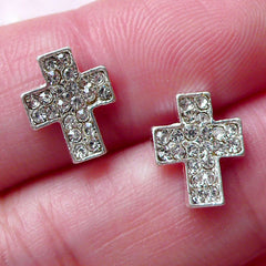 Tiny Cross Floating Charm w/ Clear Rhinestones (2pcs / 8mm x 10mm / Silver) Religious Locket Making Nail Art Nail Deco Embellishment NAC217