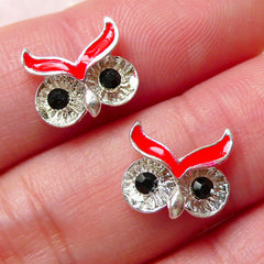 CLEARANCE Tiny Owl Head Cabochon w/ Black Rhinestones (2pcs / 11mm x 9mm / Silver & Red Enamel) Nail Art Nail Decoration Earrings DIY Scrapbook NAC219