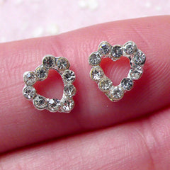 Heart Floating Charm w/ Clear Rhinestones (2pcs / 8mm x 8mm / Silver) Wedding Nail Art Nail Decoration Mini Heart Cabochon Scrapbook NAC225