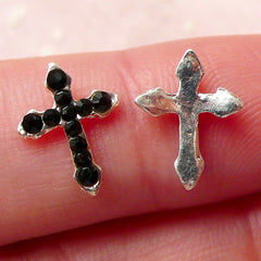 Tiny Cross Floating Charm w/ Black Rhinestones (2pcs / 9mm x 12mm / Silver) Religious Cabochon Nail Art Nail Deco Floating Locket NAC227