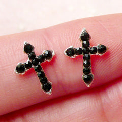 Tiny Cross Floating Charm w/ Black Rhinestones (2pcs / 9mm x 12mm / Silver) Religious Cabochon Nail Art Nail Deco Floating Locket NAC227