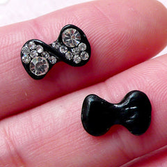 CLEARANCE Mini Bow Tie Cabochon w/ Clear Rhinestones (2pcs / 11mm x 7mm / Black) Tiny Bow Floating Charm Earrings Making Nail Art Nail Deco NAC230