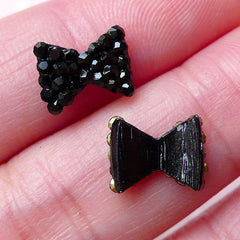 Bow Floating Charm w/ Black Rhinestones (2pcs / 10mm x 8mm / Black) Tiny Bow Tie Cabochon Earrings Making Nail Art Nail Decoration NAC233