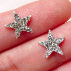 Tiny Star Cabochon w/ Clear Rhinestone (2pcs / 11mm x 11mm / Silver) Nail Art Card Decoration Earring Making Scrapbook Floating Charm NAC209