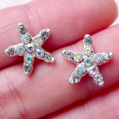Tiny Starfish Cabochon w/ AB Clear Rhinestones (2pcs / 13mm x 12mm / Silver) Nail Art Card Deco Earring DIY Scrapbook Floating Charm NAC210