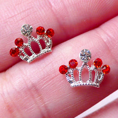 Crown Floating Charm w/ Clear and Red Rhinestones (2pcs / 10mm x 7mm / Silver) Mini Crown Cabochon Nail Art Nail Decoration Scrapbook NAC234