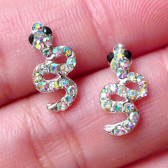 Snake Floating Charm w/ AB Clear Rhinestone (2pcs / 7mm x 13mm / Silver) Mini Snake Cabochon Nail Decoration Earring DIY Scrapbooking NAC235