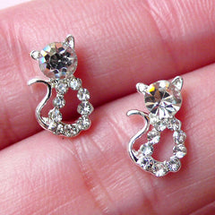 Kitty Floating Charm w/ Clear Rhinestones (2pcs / 6mm x 10mm / Silver) Tiny Cat Cabochon Nail Art Nail Deco Earring DIY Embellishment NAC236