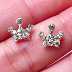 Mini Princess Crown Cabochon w/ Clear Rhinestones (2pcs / 9mm x 8mm / Silver) Nail Art Nail Decoration Earring Making Floating Charm NAC237