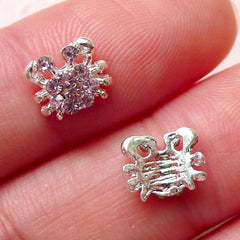 Tiny Crab Cabochon w/ Pink Rhinestones (2pcs / 8mm x 7mm / Silver) Animal Floating Charm Nail Art Nail Decoration Earrings Making NAC215