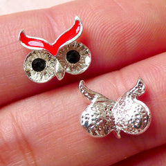 CLEARANCE Tiny Owl Head Cabochon w/ Black Rhinestones (2pcs / 11mm x 9mm / Silver & Red Enamel) Nail Art Nail Decoration Earrings DIY Scrapbook NAC219