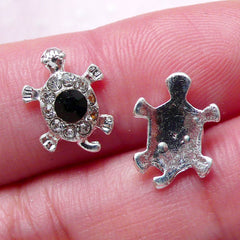 CLEARANCE Turtle Floating Charm w/ Black & Clear Rhinestones (2pcs / 9mm x 12mm / Silver) Tiny Animal Cabochon Nail Art Beach Locket Making NAC222