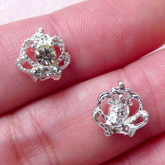 Tiny Princess Crown Cabochon w/ Clear Rhinestones (2pcs / 10mm x 10mm / Silver) Nail Art Nail Decoration Earring Making Embellishment NAC224