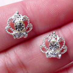 Tiny Princess Crown Cabochon w/ Clear Rhinestones (2pcs / 10mm x 10mm / Silver) Nail Art Nail Decoration Earring Making Embellishment NAC224