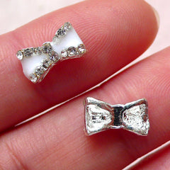 Tiny Bow Tie Cabochon w/ Clear Rhinestone (2pcs / 10mm x 6mm / White Enamel) Mini Bow Floating Charm Nail Art Nail Deco Embellishment NAC229