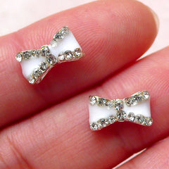 Tiny Bow Tie Cabochon w/ Clear Rhinestone (2pcs / 10mm x 6mm / White Enamel) Mini Bow Floating Charm Nail Art Nail Deco Embellishment NAC229