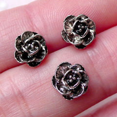 Tiny Flower Cabochons (3pcs / 8mm / Black Silver) Mini Rose Cabochon Earrings Making Nail Art Nail Decoration Scrapbook Embellishment NAC231