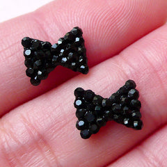Bow Floating Charm w/ Black Rhinestones (2pcs / 10mm x 8mm / Black) Tiny Bow Tie Cabochon Earrings Making Nail Art Nail Decoration NAC233