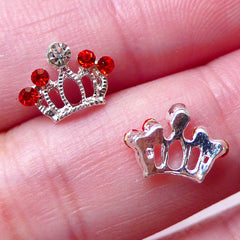 Crown Floating Charm w/ Clear and Red Rhinestones (2pcs / 10mm x 7mm / Silver) Mini Crown Cabochon Nail Art Nail Decoration Scrapbook NAC234