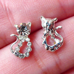 Kitty Floating Charm w/ Clear Rhinestones (2pcs / 6mm x 10mm / Silver) Tiny Cat Cabochon Nail Art Nail Deco Earring DIY Embellishment NAC236