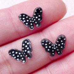 Butterfly Floating Charms / Tiny Insect Resin Cabochon (3pcs / 10mm x 8mm / Black & White Polka Dot) Nail Art Nail Deco Scrapbooking NAC244