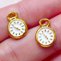 Pocket Watch Floating Charms / Mini Clock Cabochons (2pcs / 9mm x 12mm / Gold with White Enamel) Nail Art Nail Deco DIY Memory Locket NAC247