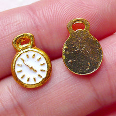 Pocket Watch Floating Charms / Mini Clock Cabochons (2pcs / 9mm x 12mm / Gold with White Enamel) Nail Art Nail Deco DIY Memory Locket NAC247
