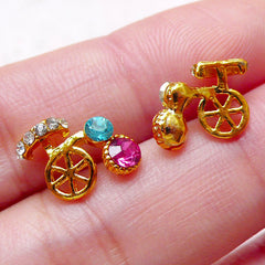 Bicycle Floating Charms / Mini Bike Cabochons with Colorful Rhinestones (2pcs / 12mm x 9mm / Gold) Nail Art Nail Decoration Scrapbook NAC257