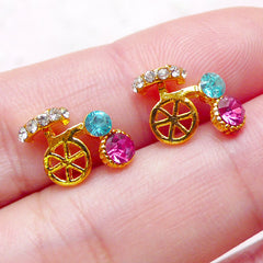 Bicycle Floating Charms / Mini Bike Cabochons with Colorful Rhinestones (2pcs / 12mm x 9mm / Gold) Nail Art Nail Decoration Scrapbook NAC257