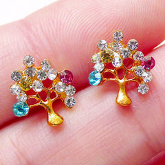 Tree of Life Floating Charms / Tiny Tree Cabochons with Colorful Rhinestones (2pcs / 10mm x 11mm / Gold) Nail Art Nail Decoration NAC266