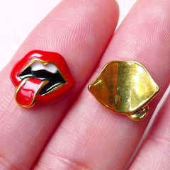 Lips Floating Charms / Tiny Mouth Cabochon with Tongue (2pcs / 13mm x 11mm / Gold with Black, Red & White Enamel) Nail Art Nail Deco NAC242