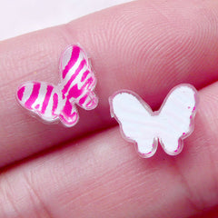 Tiny Butterfly Resin Cabochon / Insect Floating Charm (3pcs / 10mm x 8mm / Pink & White Zebra) Nail Art Nail Decoration Embellishment NAC245