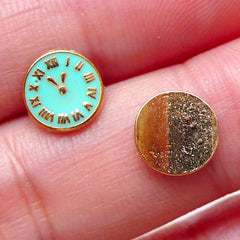 Clock Floating Charm / Tiny Clock Cabochon (2pcs / 8mm / Gold and Green Enamel) Nail Art Nail Decoration Earring Making Scrapbooking NAC270