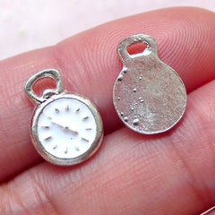 Tiny Pocket Watch Cabochons / Clock Floating Charms (2pcs / 9mm x 12mm / Silver with White Enamel) Nail Decoration DIY Living Locket NAC248